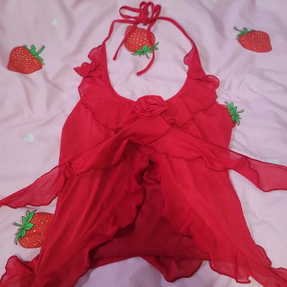 Red Ruffled Halter Top - Picture 2 of 4